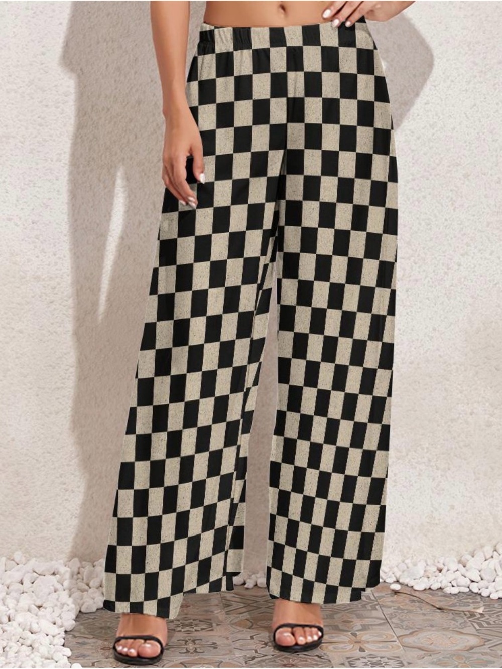 Plush Real Silk Black and Cream/Gold Checkerboard Wide Leg Pants